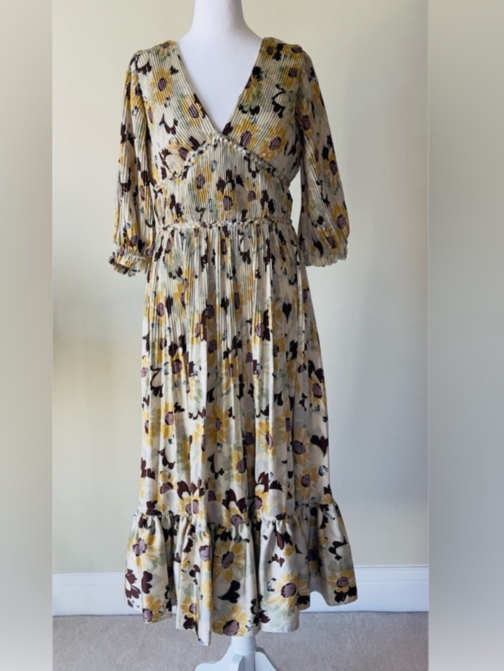 Polo Ralph Lauren Floral Pleated Satin V-Neck Elbow Length Sleeve Midi Dress